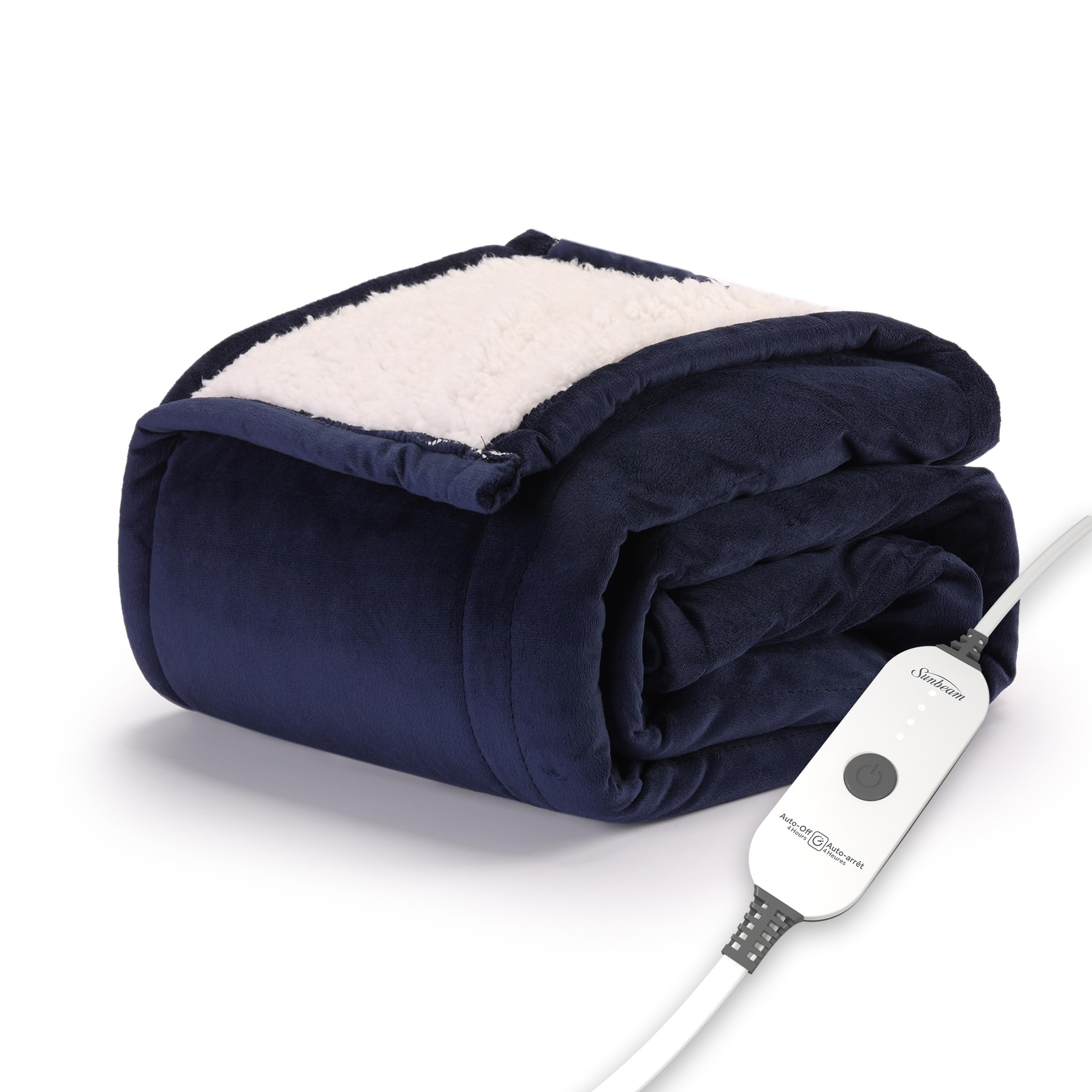 Sunbeam Royal Mink Sherpa Admiral Blue Heated Personal Throw / Blanket, Cozy-Warm, Adjustable Heat Settings