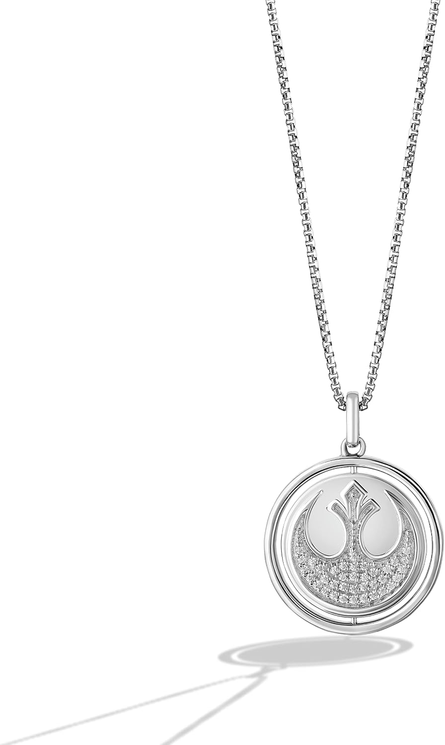 Jewelili Star Wars™ Fine Jewelry Sterling Silver Dark Side/Light Side Rotating Medalion with 1/5 Ct.Tw. White and Black Diamonds