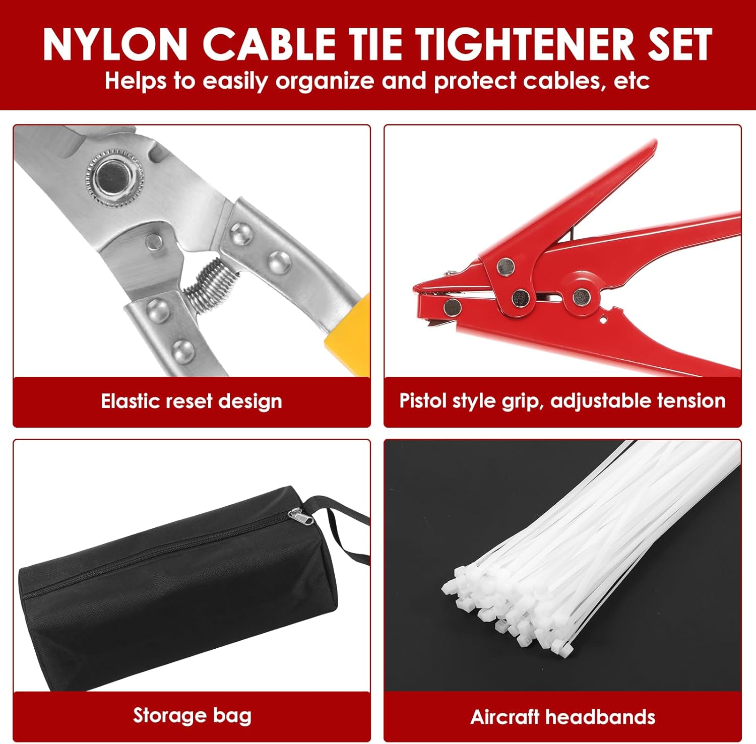 Adjustable Zip Tie Tool Kit with 100 PCS Nylon Ties, Metal Cable Tie Tool Set with Ergonomic Handle, Cutting Scissors Set for Electrical Work Industrial Assembly Home Cable Management