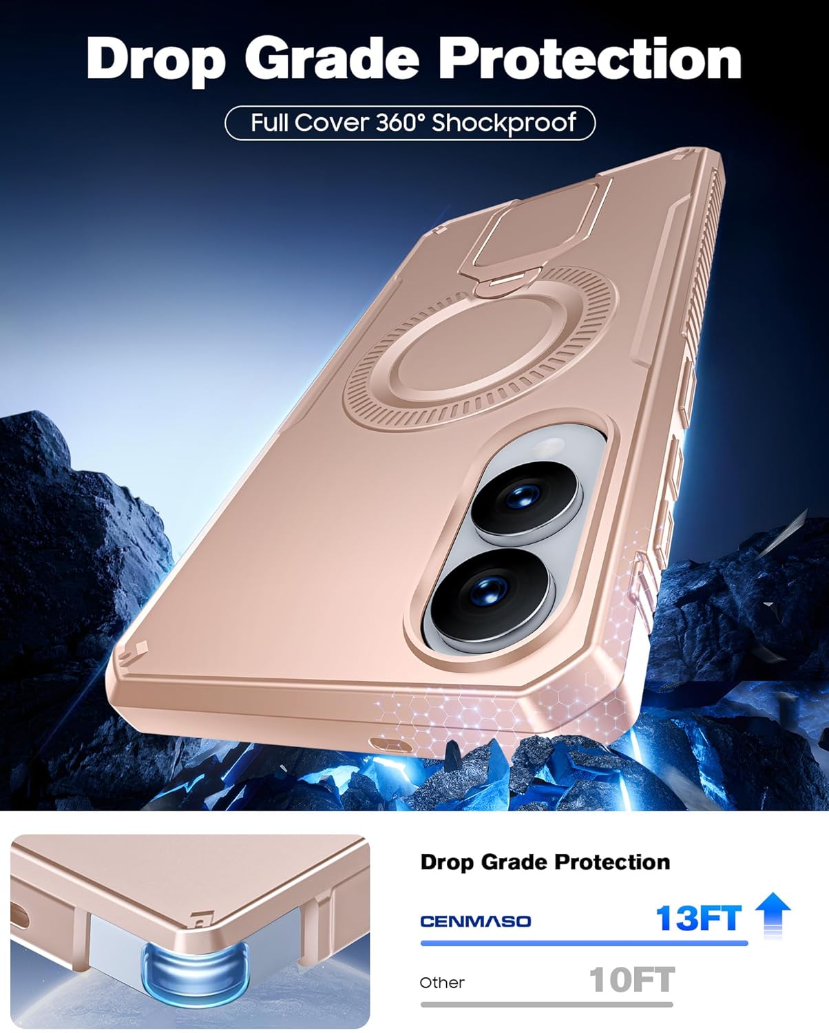 CENMASO Magnetic Case for Samsung Galaxy S25 Edge with 360° Spin Stand, Compatible with Magsafe, Military Grade Protection, Shockproof Phone Case for Galaxy S25 Edge with Kickstand & Ring Stand, Gold - Image 8