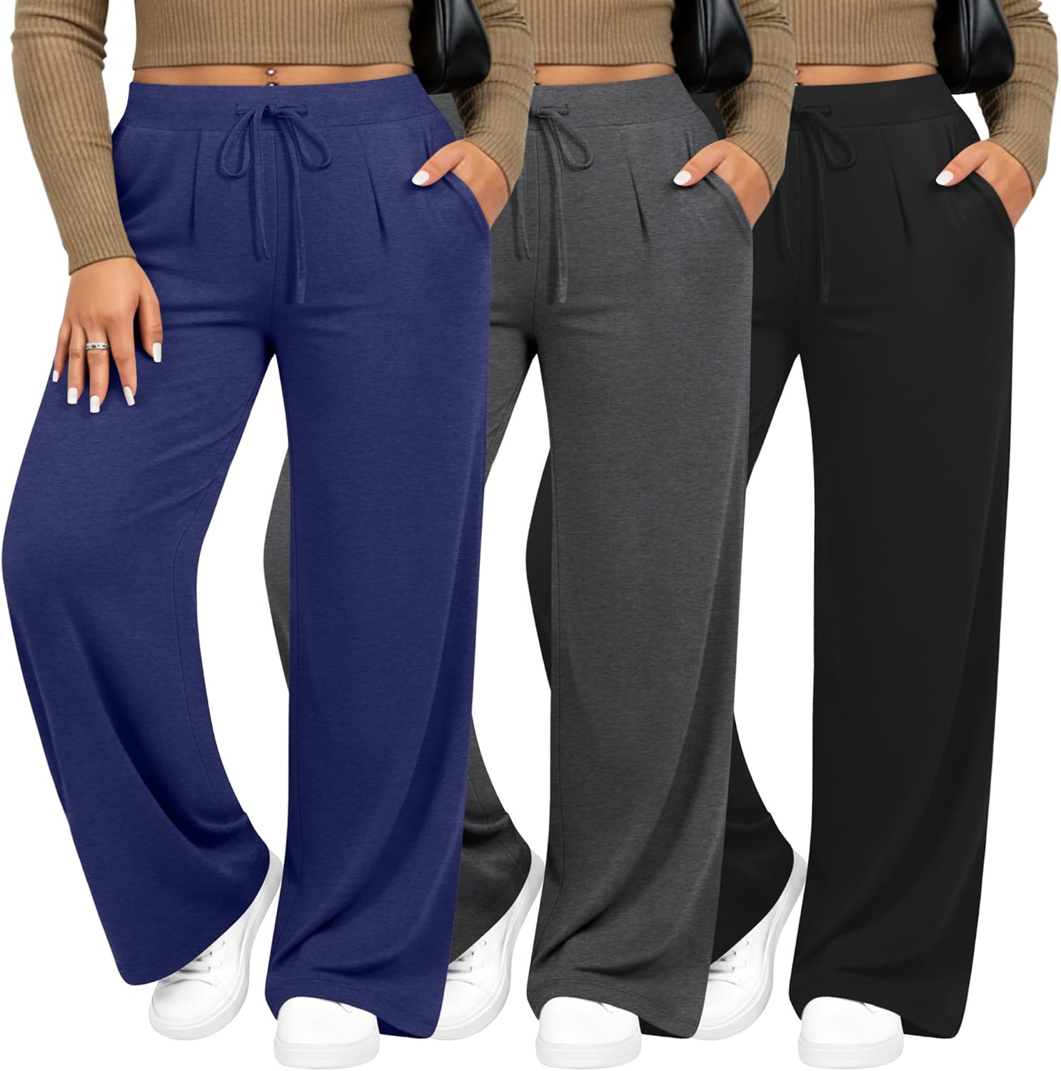 Evervibe 3 Pack Women's Plus Size Wide Leg Yoga Pants, Drawstring Lounge Sweatpants Loose Casual Workout Pants with Pockets