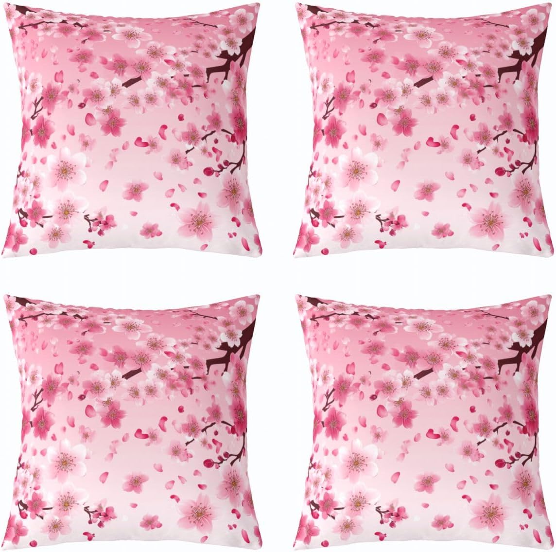 jejeloiu Cherry Blossoms Pillow Cases Cushion Covers 18"x18" Set of 4 Japanese Style Pillow Cases Cushion Covers Sakura Flower Throw Pillow Covers Gradient Pink Decorative Throw Pillowcases for Kids