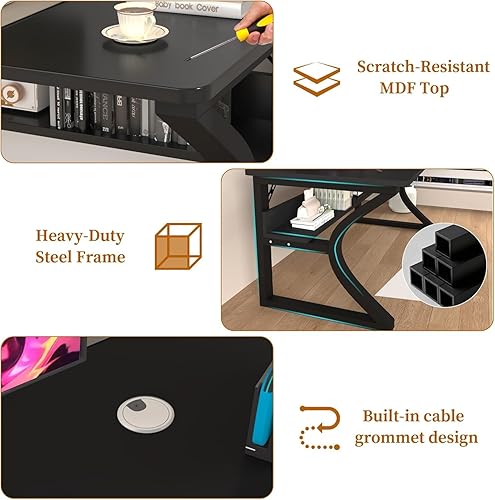 Miniatura 4 de AZN Escritorio de computadora de 55 pulgadas para oficina en casa, escritorio de estudio con estante de almacenamiento y organización de cables,