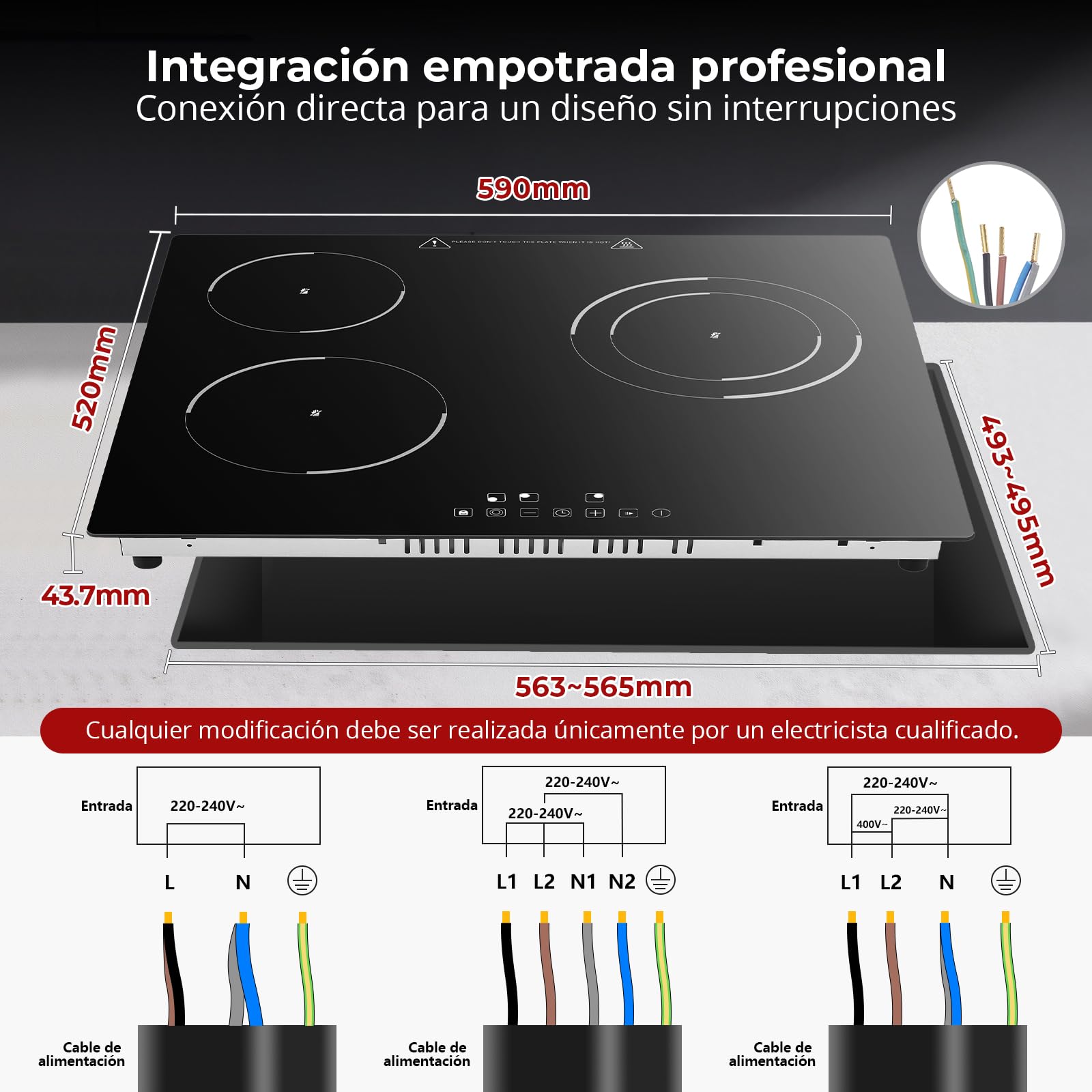 SNDOAS Placa Vitrocerámica 3 Fuegos 5200W, Vitroceramica 3 Zonas de Cocina (1200W+1800W+2200W), 9 Niveles de Calor, Seguridad para Niños, Temporizador 99 Min, Compatible con Todos los Utensilios - 2