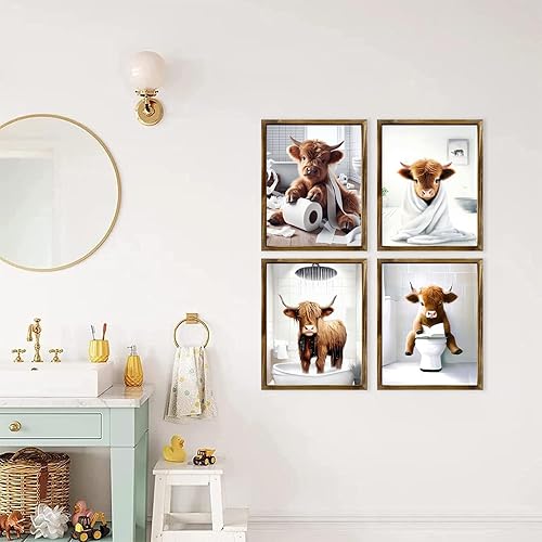Miniatura 3 de TWNSLLA Highland Cow - Arte de pared divertido para decoración de baño, impresiones artísticas de vaca de las montañas, decoración rústica de pared