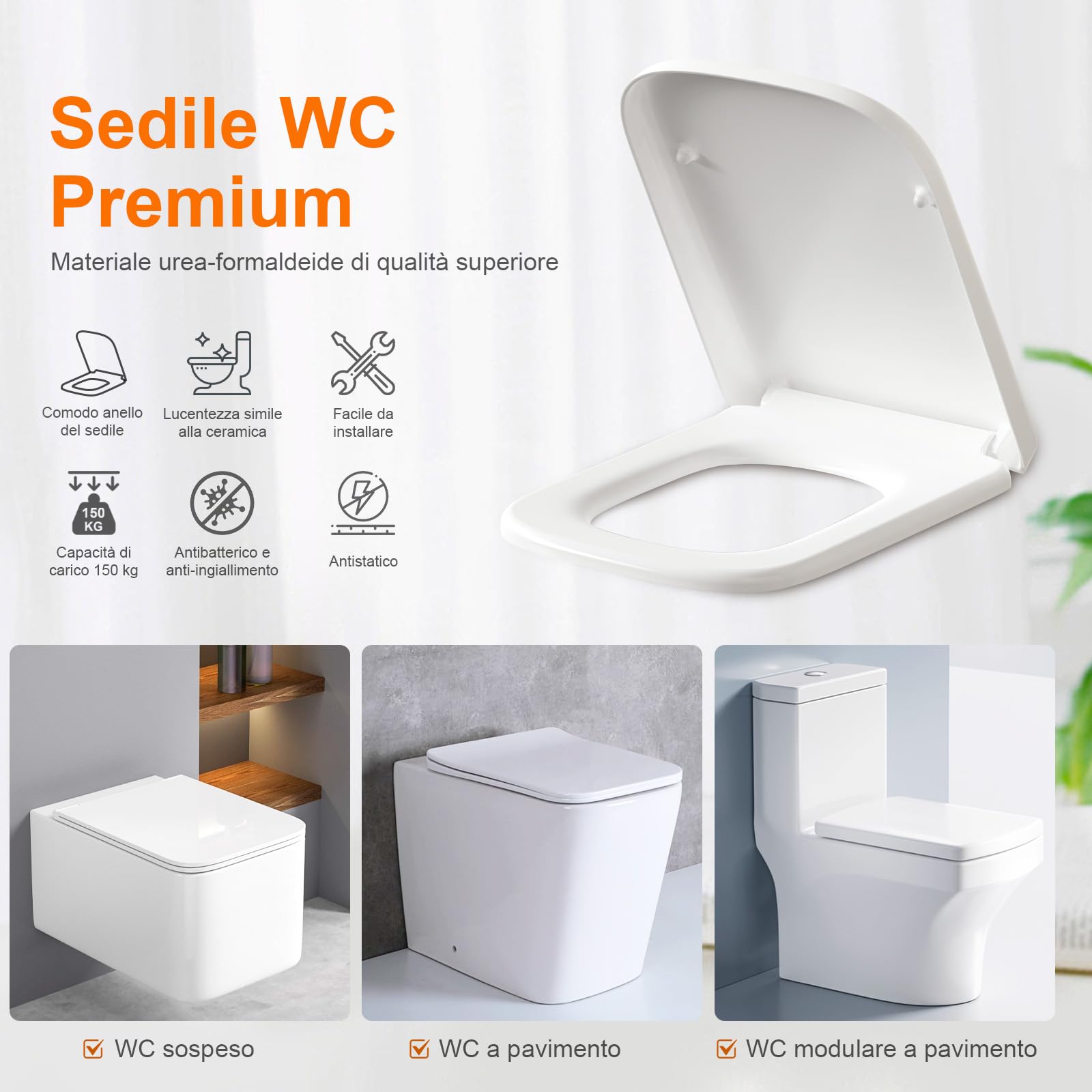 GRIFEMA Copriwater Universali, Tavoletta WC Quadrata con Funzione di Sgancio Rapido, Sedile WC Urea-Formaldeide Materiale Antibatterico, Facile da Pulire, 46.1 * 5.3 * 35.1cm, Bianco