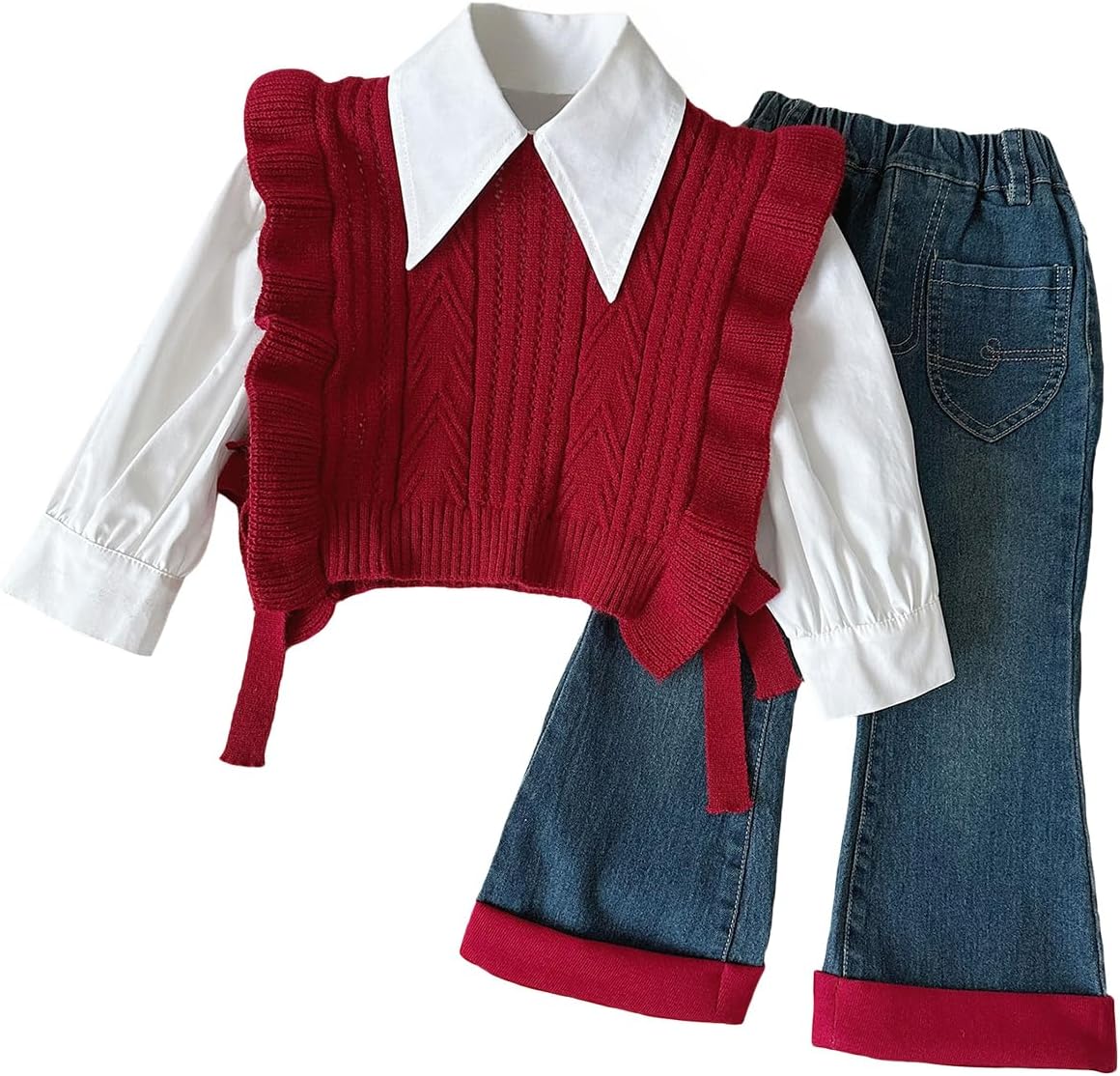2-10T Toddler Girl 3 Piece Set Long Sleeve Shirt with Lace Bow Knitted Vest & Denim Jeans Girls Clothing Sets Fall