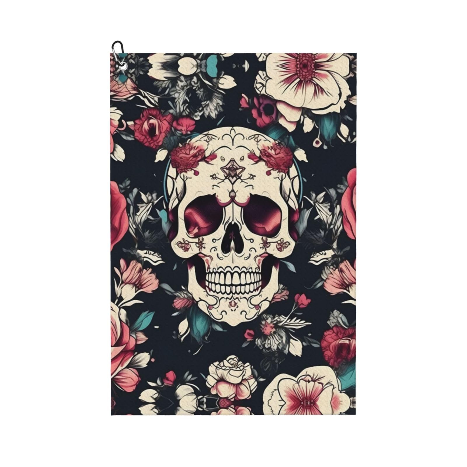 aacxzff Quick-Drying Microfiber Flowers Skull Ornamental Pattern Print Golf Towel with Integrated Carabiner Clip for Unisex 16x24in
