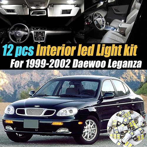 Paquete de 12 bombillas LED de 6000 K para interior de automóvil, color blanco superblanco, compatible con Daewoo Leganza 1999-2002