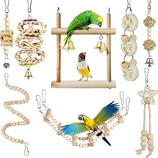インコ おもちゃ 8点セット 木製 鳥のおもちゃ 吊り下げ 噛む玩具 ブランコ はしご 止まり木 オウム セキセイインコ オカメインコ バードトイ 遊び場 (8点セット A)