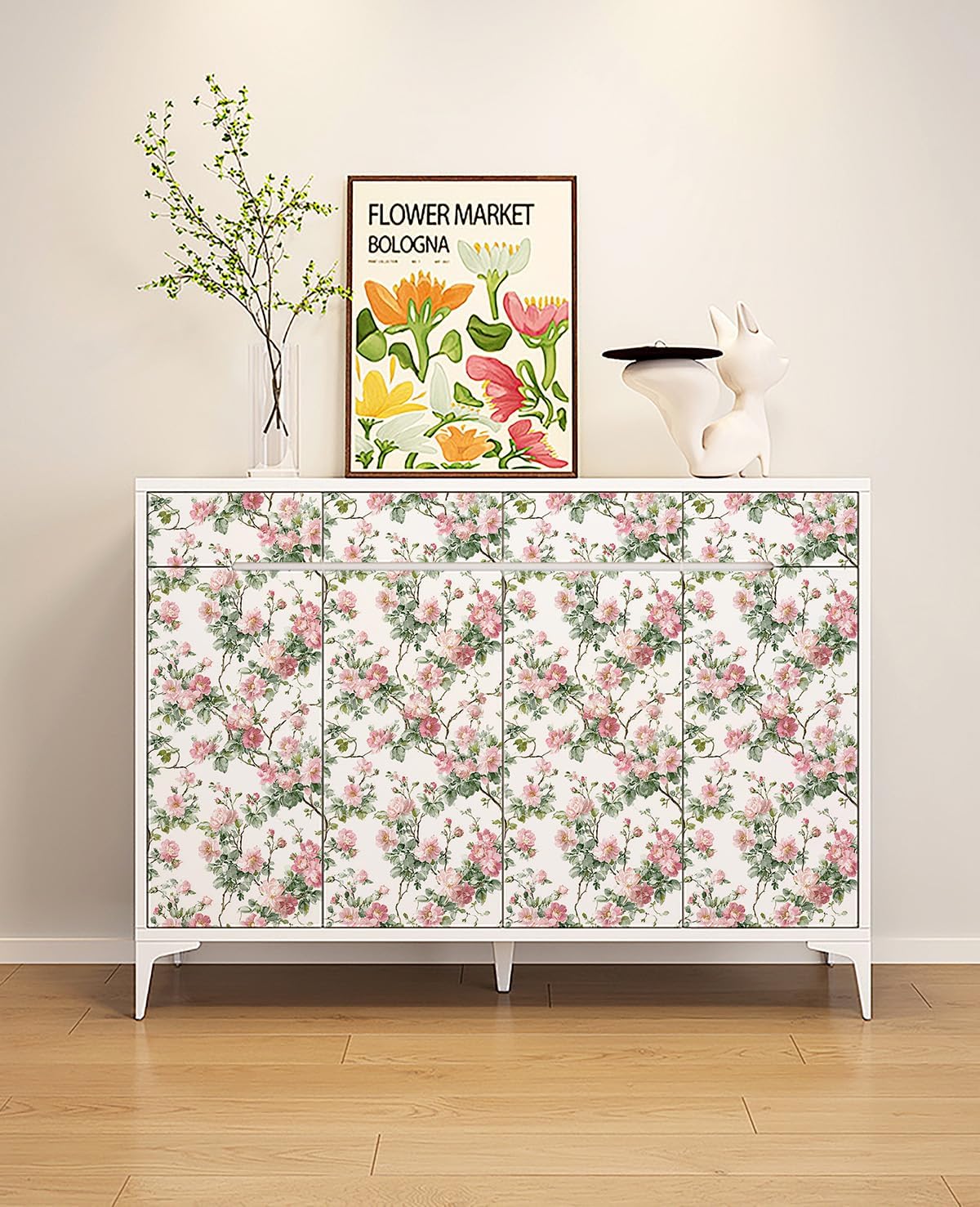 Rustic Country Pink Floral Shelf Liner Contact Paper Watercolor Rose Flower Peel and Stick Wallpaper for Cabinets Shelves Dresser Drawer Wall Arts and Crafts Decal 17.3X117 Inches