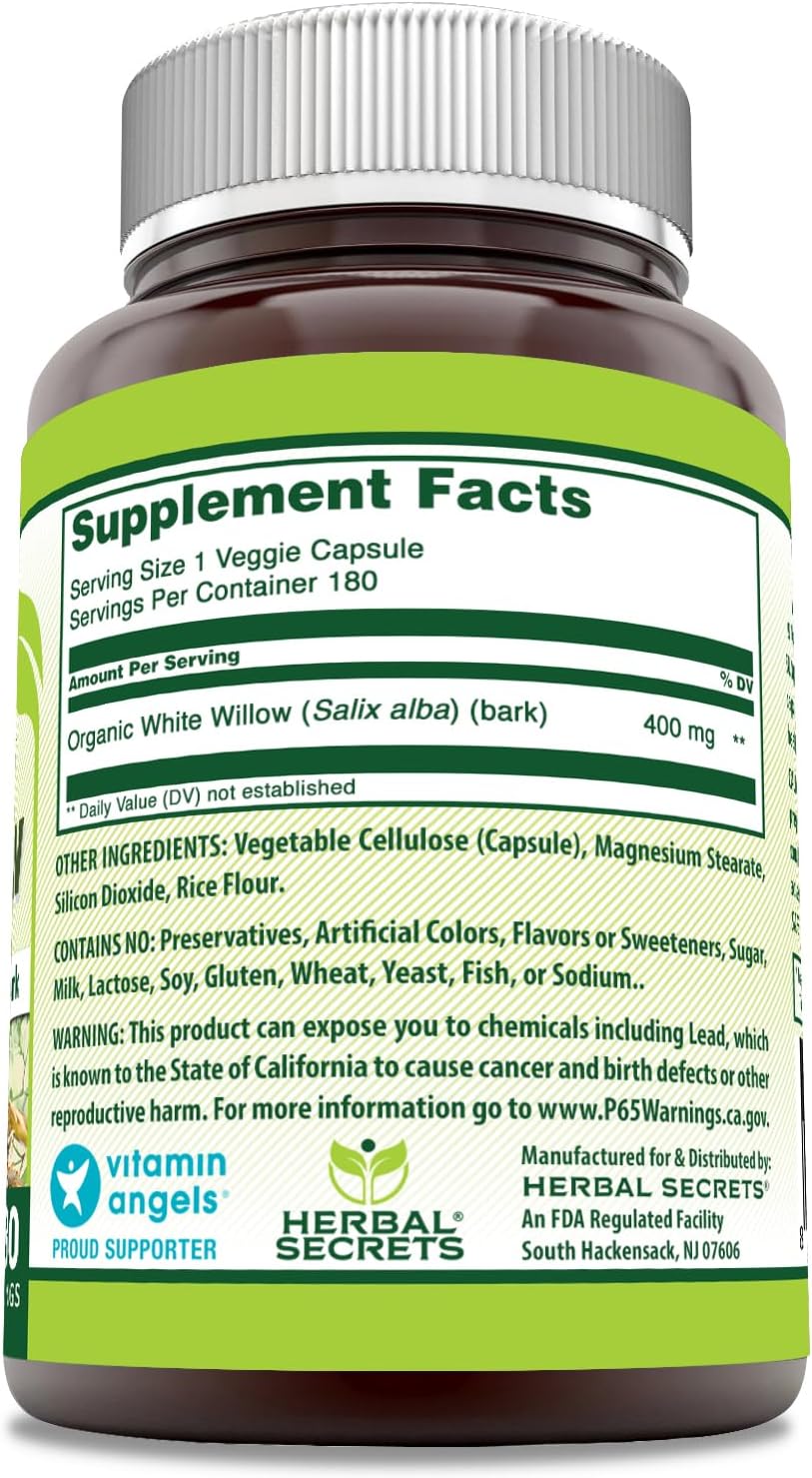 Herbal Secrets White Willow 400 Mg per Serving 180 Veggie Capsules Supplement | Non-GMO | Gluten Free | Made in USA - Image 2