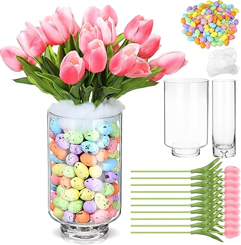 Sunnychicc Centro de mesa de tulipanes de flores de Pascua con jarrón, incluye 20 tulipanes artificiales, 120 huevos de Pascua, 2 jarrones de