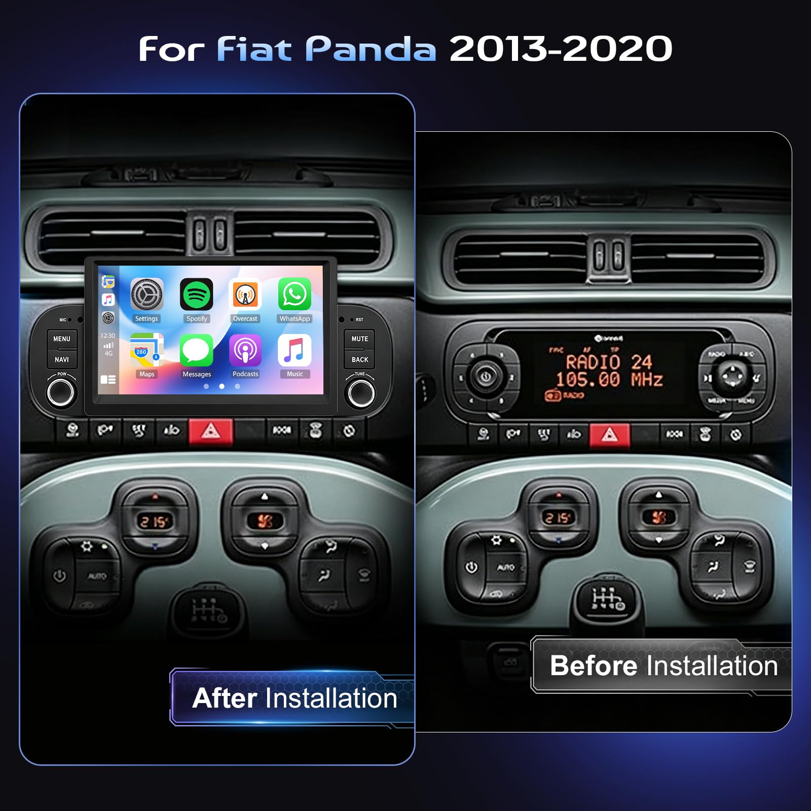JAWSEU 4+64G Autoradio Android per Fiat Panda 2013-2020 con CarPlay e Android Auto 9" Schermo con GPS Bluetooth5.0 WiFi FM RDS Cámara DSP