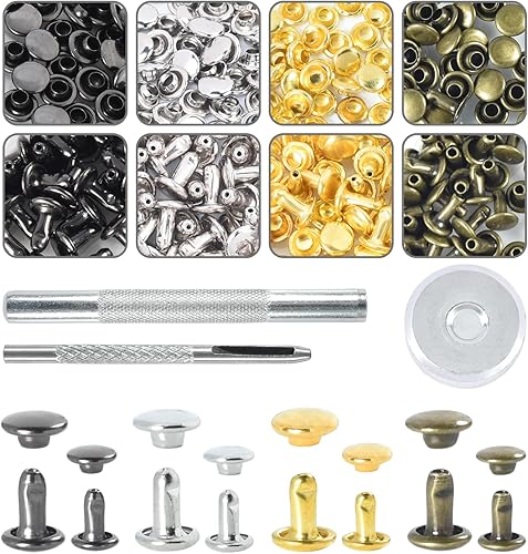 Miniatura 24 de 200 juegos de remaches de cuero con tapa redonda de 6 mm, remaches de doble tapa, pernos metálicos tubulares para reparación de llaveros de bolso