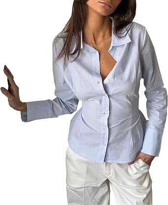 Women Y2k Button Down Slim Fit Shirt Lapel V Neck Striped/Solid Long Sleeve Blouse Back Tie Work Office Top
