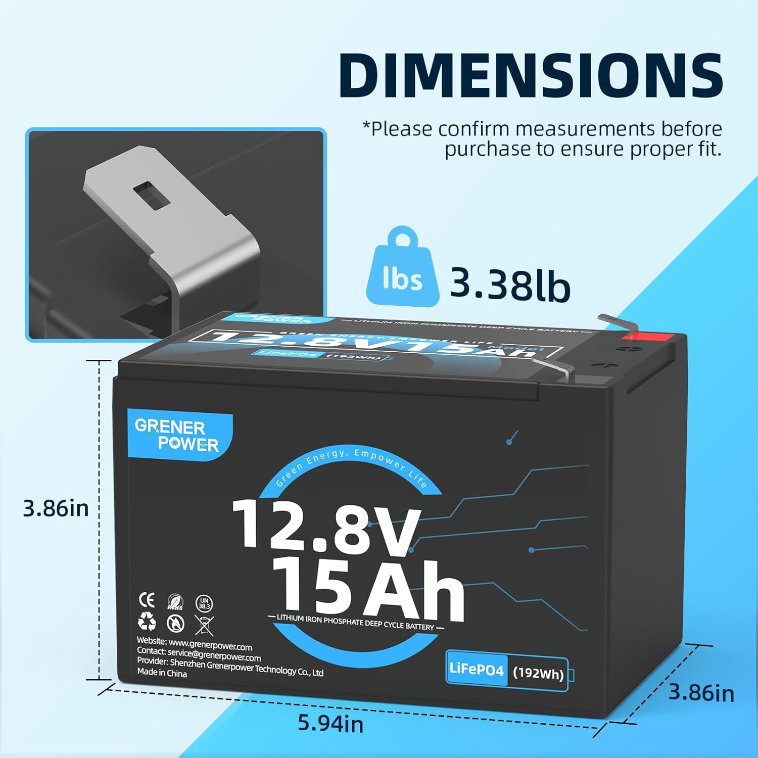 12V 15Ah Lithium LiFePO4 Battery, 192Wh, 20A BMS, 12V Deep Cycle Lithium Battery, Up to 4P4S Flexibility, Ideal for Camping, Electric Gate, Security, Fish Finders, Solar Systems.