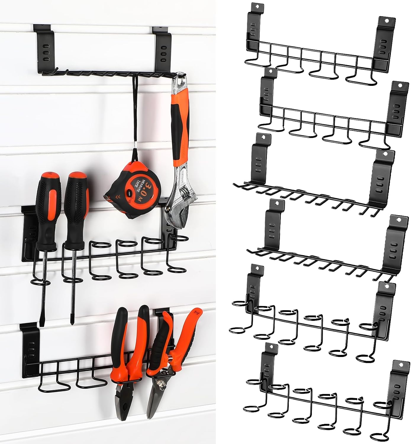 Yaocom 6 Pcs Slatwall Screwdriver Holders Slat Boards Organizer Slatwall Hooks Hangers Plier Holders Accessory Multi Tool Organizer Racks for Garage Shop Retail Store Display, 2 Size 3 Style(Black)