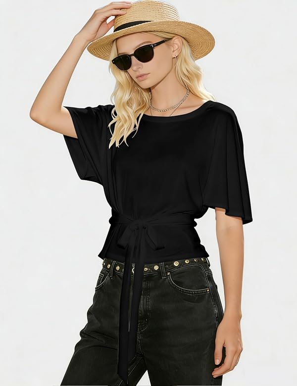Bell Princess Women's Summer High Stretchy Crop Top Crewneck Short Sleeve Tie Slim Soft Ruched Cinched Waist Workout Shirts(0201-Black-XS) by Bell Princess - Used condition - Image 5