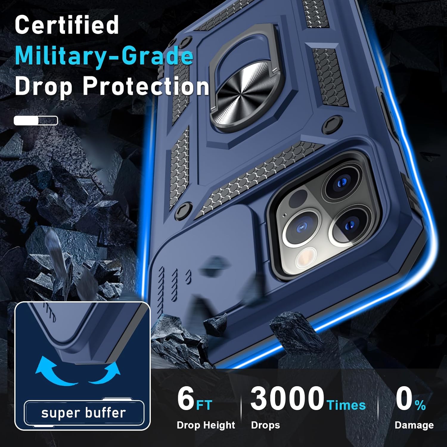 Janmitta Case for iPhone 12 & 12 Pro Phone Cover Built in Slide Camera Lens Cover+Screen Protector,Heavy Duty Shockproof Full Body PhoneCase with Finger Ring Holder Kickstand,Blue - Image 5