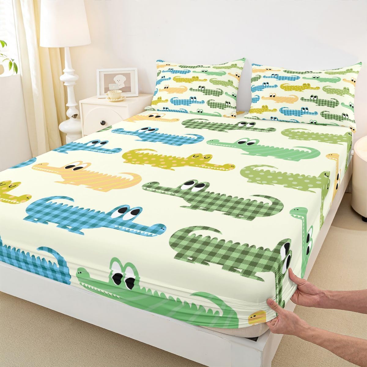 Erosebridal Boys Crocodile Bedding Sets Full Size,Cute Cartoon Crocodile Bed Sheet Set Kids Colorful Animal Sheet Set Lovely Reptile Fitted Sheet + Flat Sheet + 2 Pillow Cases Children Bedroom Decor