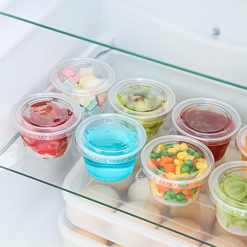 Miniatura 4 de Moretoes 130 vasos de gelatina de 4 onzas con tapas, recipientes pequeños de plástico con tapas, tazas herméticas y apilables, aderezo para