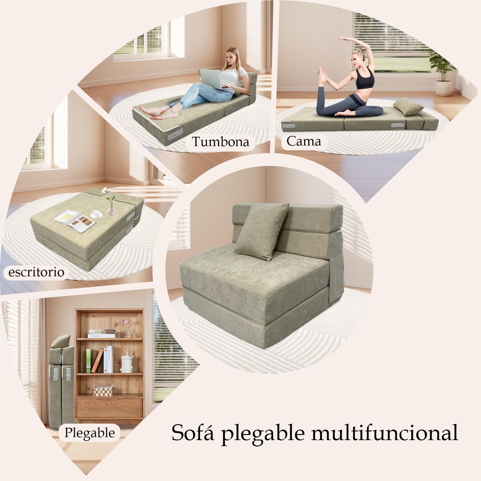 ANONER Sofá Cama Plegable 4 en 1, Beige
