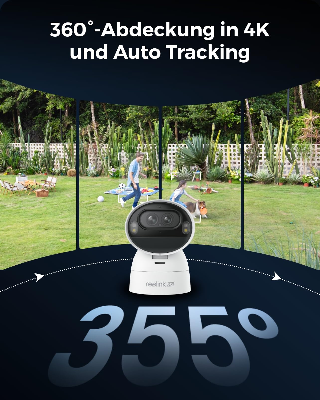 Reolink 4K Solar Überwachungskamera Aussen Akku mit 360° PTZ, Auto-Tracking, Dual Lens, 8MP WLAN Kamera Outdoor, 30m Farbnachtsicht, KI-Erkennung, 2.4/5GHz WLAN, Argus Track+6W Solarpanel