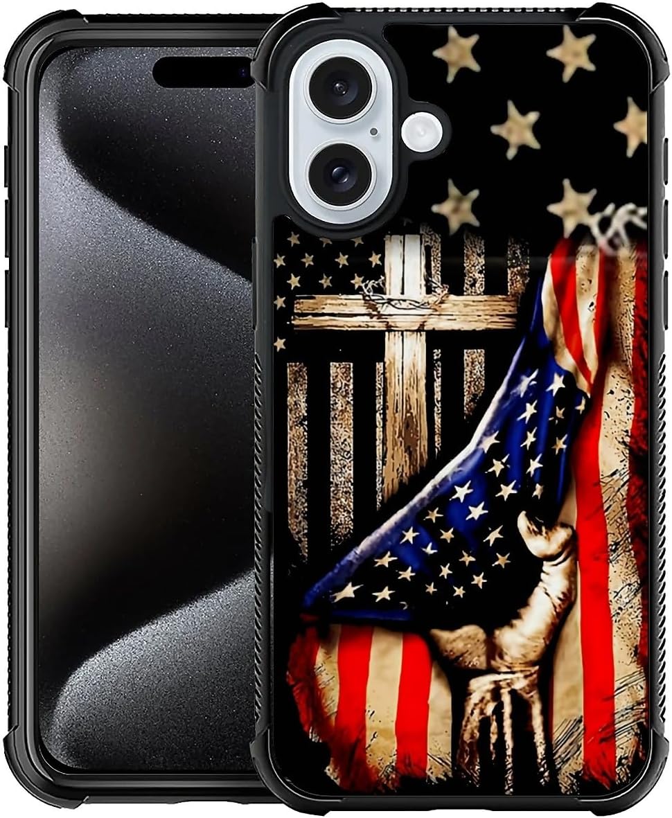 DAIZAG Compatible with iPhone 16 Case,All-Round Protection Shockproof Anti-Scratches TPU Cover,Cases for Man Woman-Wooden Cross Power American Flag