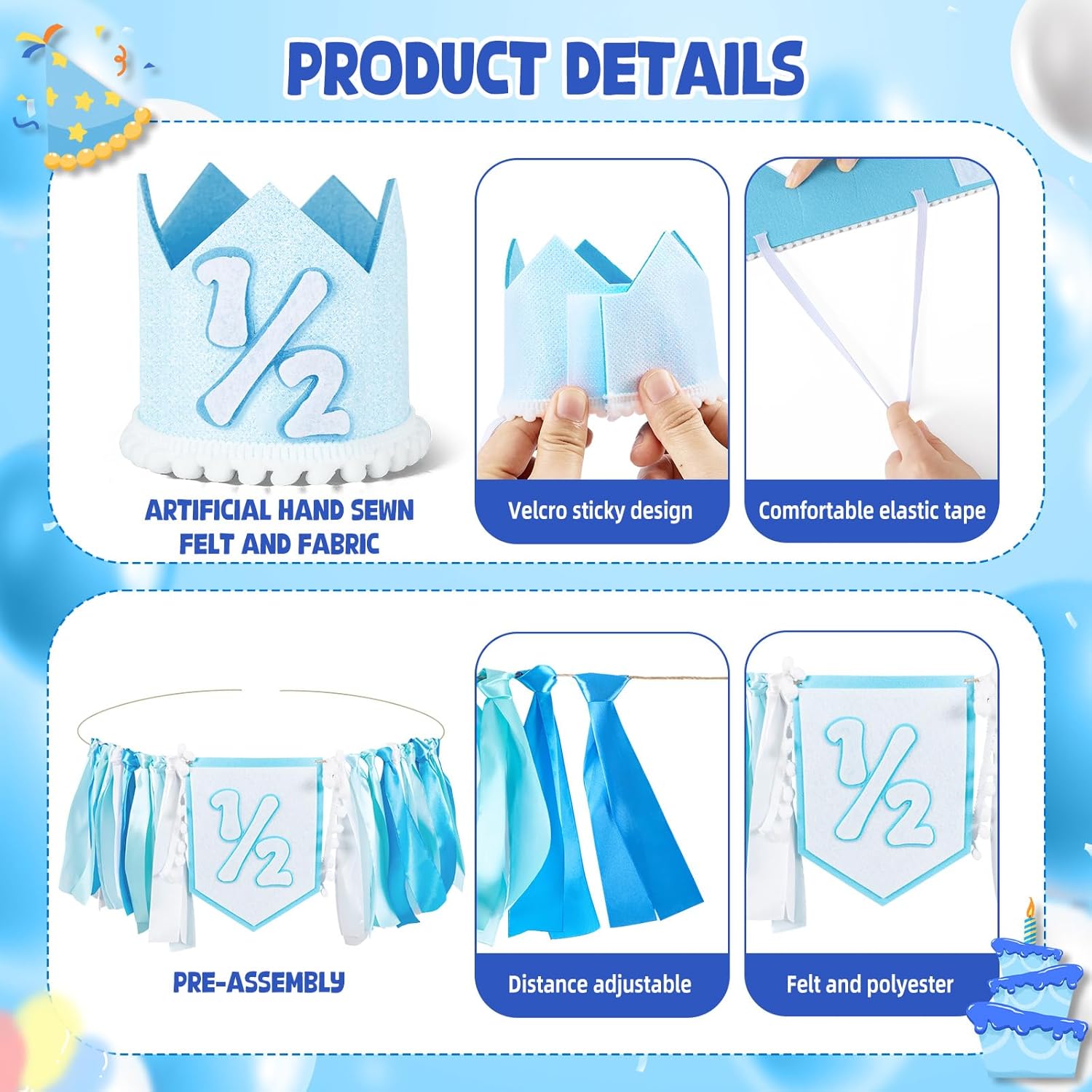 1/2 Birthday Boy Decorations, Half Way To One Baby Boy Set with Foil Banner, High Chair Banner, Balloons, Crown, 1/2 Cake Topper for Baby Shower Birthday Party Photo Props Decor (Blue) - Image 3