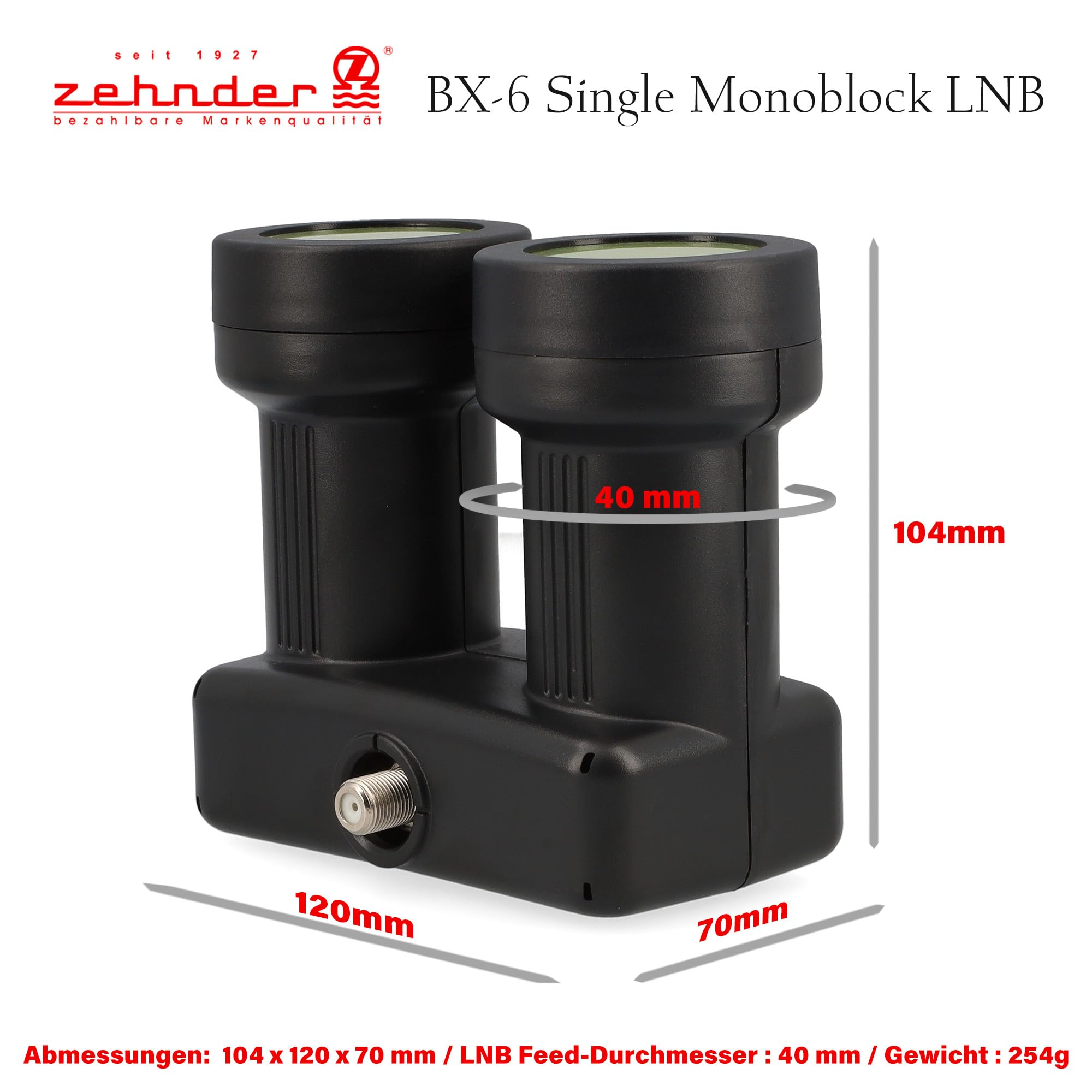 [ Test molto buono, Note 1.1 *] Zehnder Monoblock Single LNB Astra Hotbird per 1 partecipante e 2 satelliti, 1 X HD 4K LNC per collegamento diretto (TV, ricevitore satellite) LMB per parabola