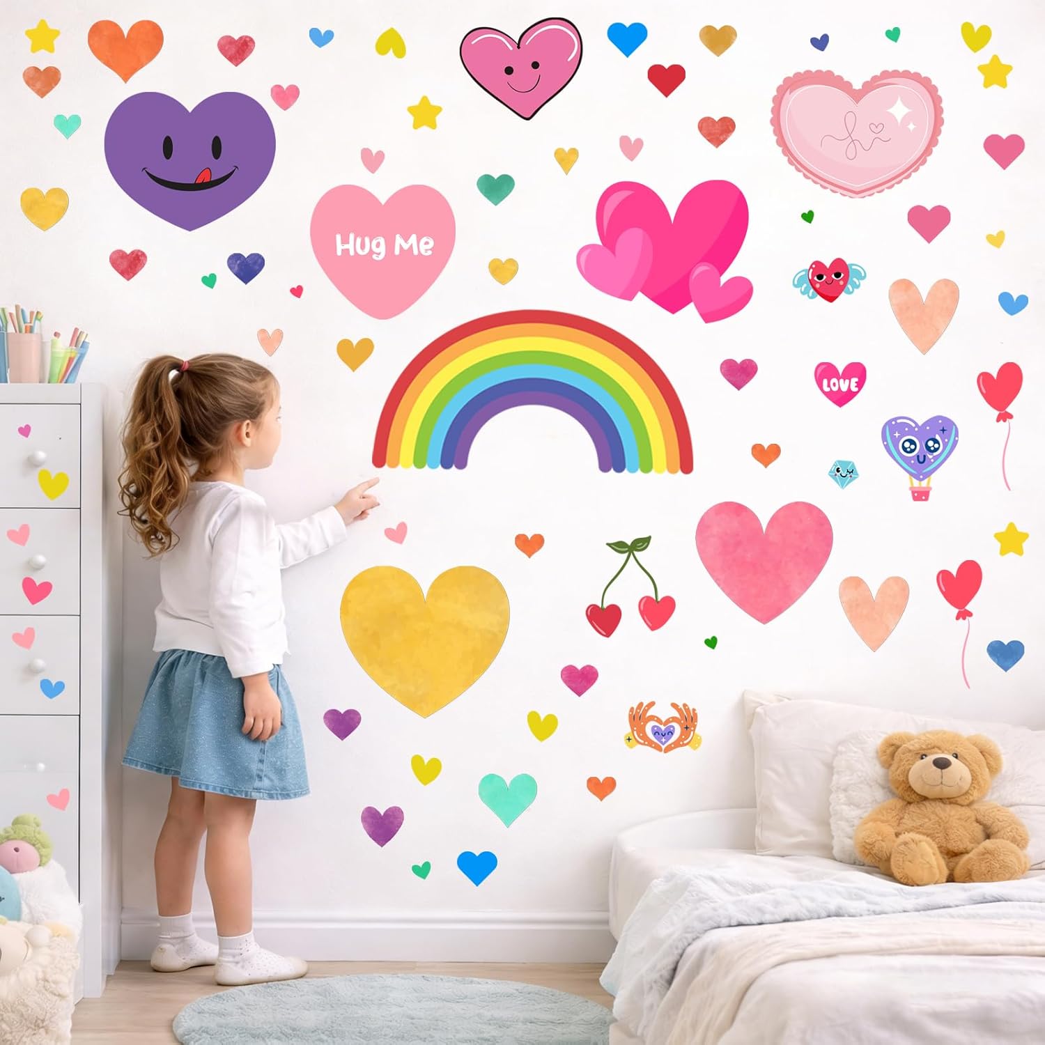 Kids Heart Wall Stickers, 201 Piece Removable Peel and Stick Rainbow Wall Decals for Nursery, Playroom and Bedroom, 6 Sheets Heart-Shaped Wall Decor