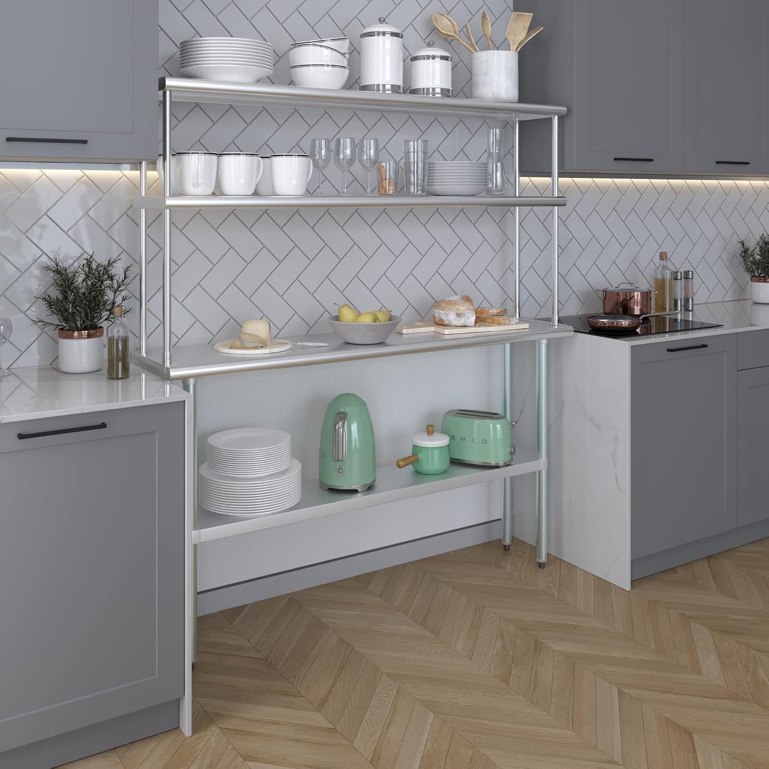 AmGood Stainless Steel Work Table with 12" Wide Double Tier Overshelf | Metal Kitchen Prep Table & Shelving Combo | NSF (Stainless Steel Table with Double Overshelves, 60" Long x 14" Deep)