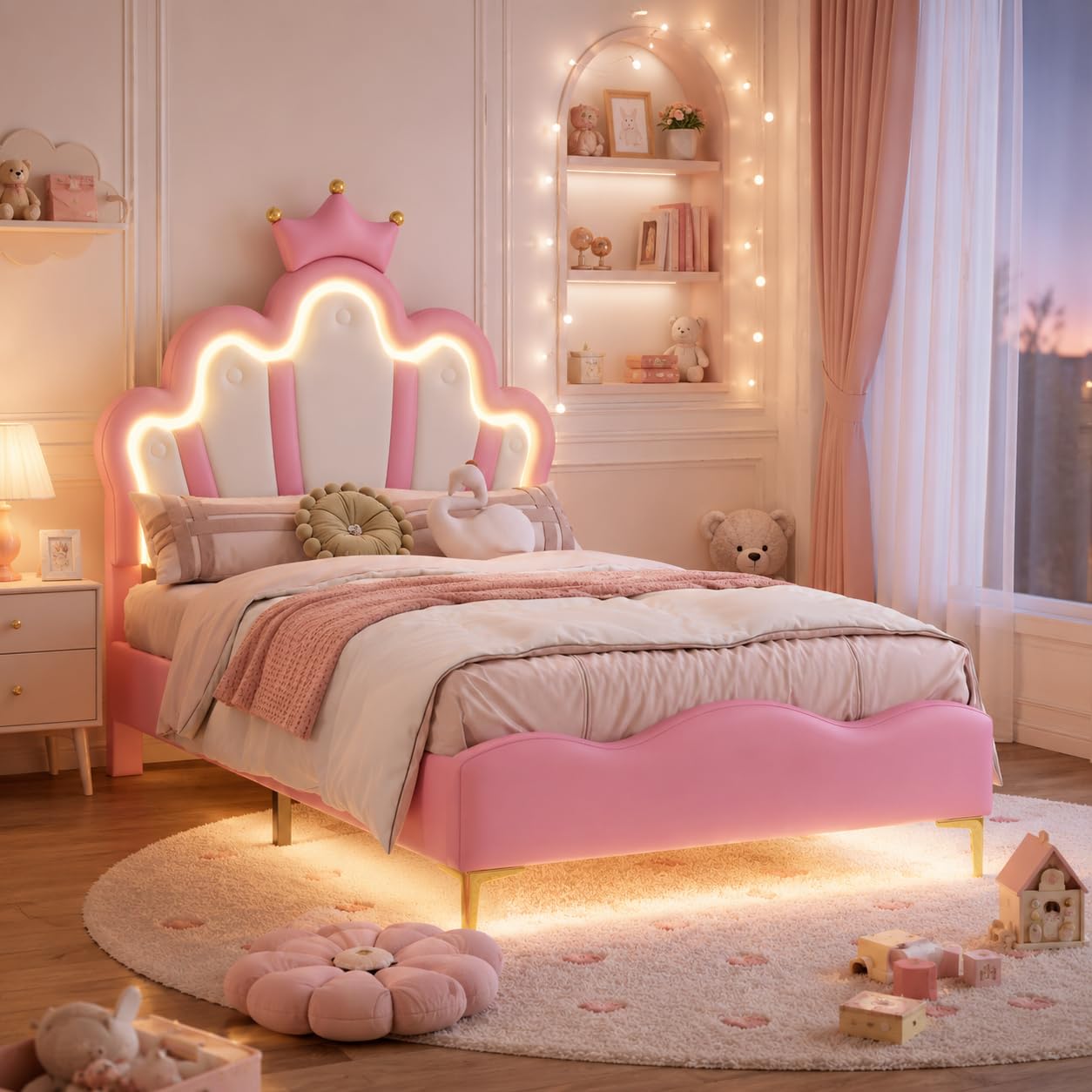 BRILVERDE 3FT Single bed 90x190 with LED Padded Headboard, Princess Bed Frame for Girls, Slatted Frame, Princess Design Bed for Girls, Children, Teens (Pink Leather, 90 x 190 cm) — image 1
