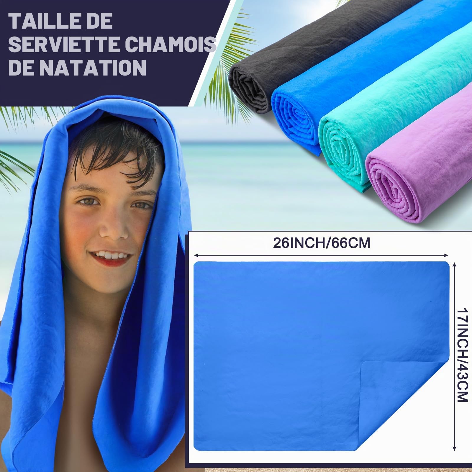 Tisancy Lot de 4 serviettes de natation en chamois pour plongée, natation, triathlon et autres sports nautiques (66 x 43,2 cm, bleu, vert, gris foncé, violet)