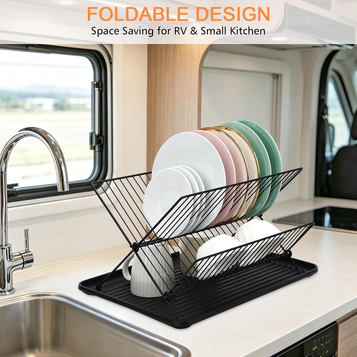 RV Foldable Dish Drying Rack, 2-Tier with Drip Tray, Stainless Steel Collapsible Rack for Sink & Kitchen Countertop, Space-Saving Dish Drainer Organizer for Dishes, Bowls, Plates, Cups