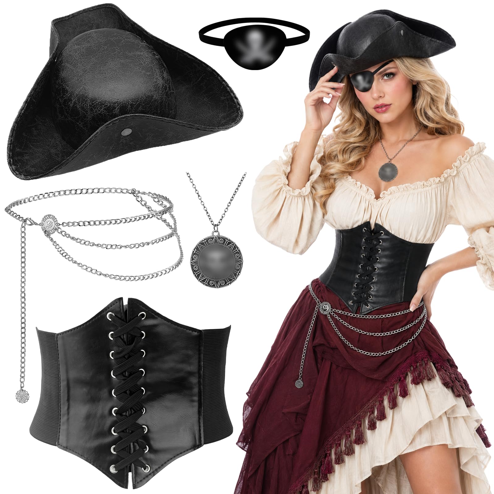 Kyndara 5Pcs Women’s Pirate Costume Accessories Set, Pirate Role Play Outfit Kit with Faux Leather Hat Eye Patch Waistband Necklace Waist Chain for Adult Halloween Cosplay Party Stage Performance — image 1
