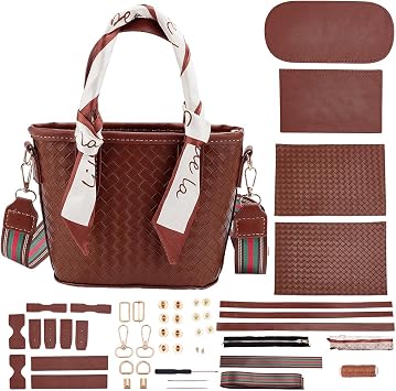 WEBEEDY PU Leather Handles Handbag DIY PU Leather Purse Making for Adults, Handbag Sewing Material Tools Set for Women Valentines Day Personalized Gift, 9.4x3.9x6.7 inch/24x10x17 cm Brown