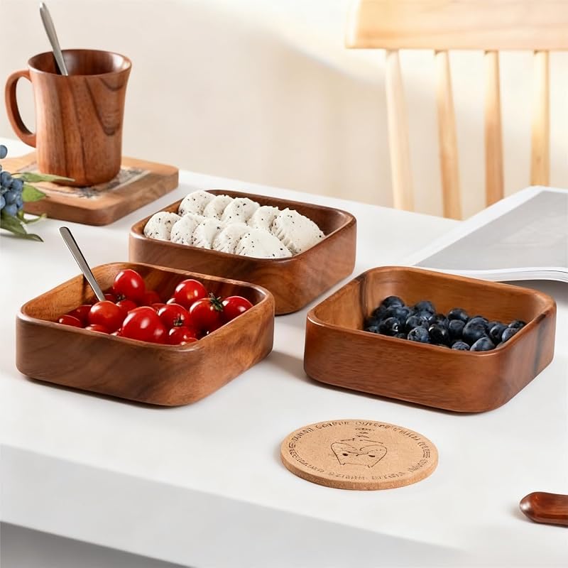 Tissting Bol decorativ din lemn de salcâm pentru salată și platou pentru fructe cu sosieră, tavă decorativă alungită, pătrat 15 cm