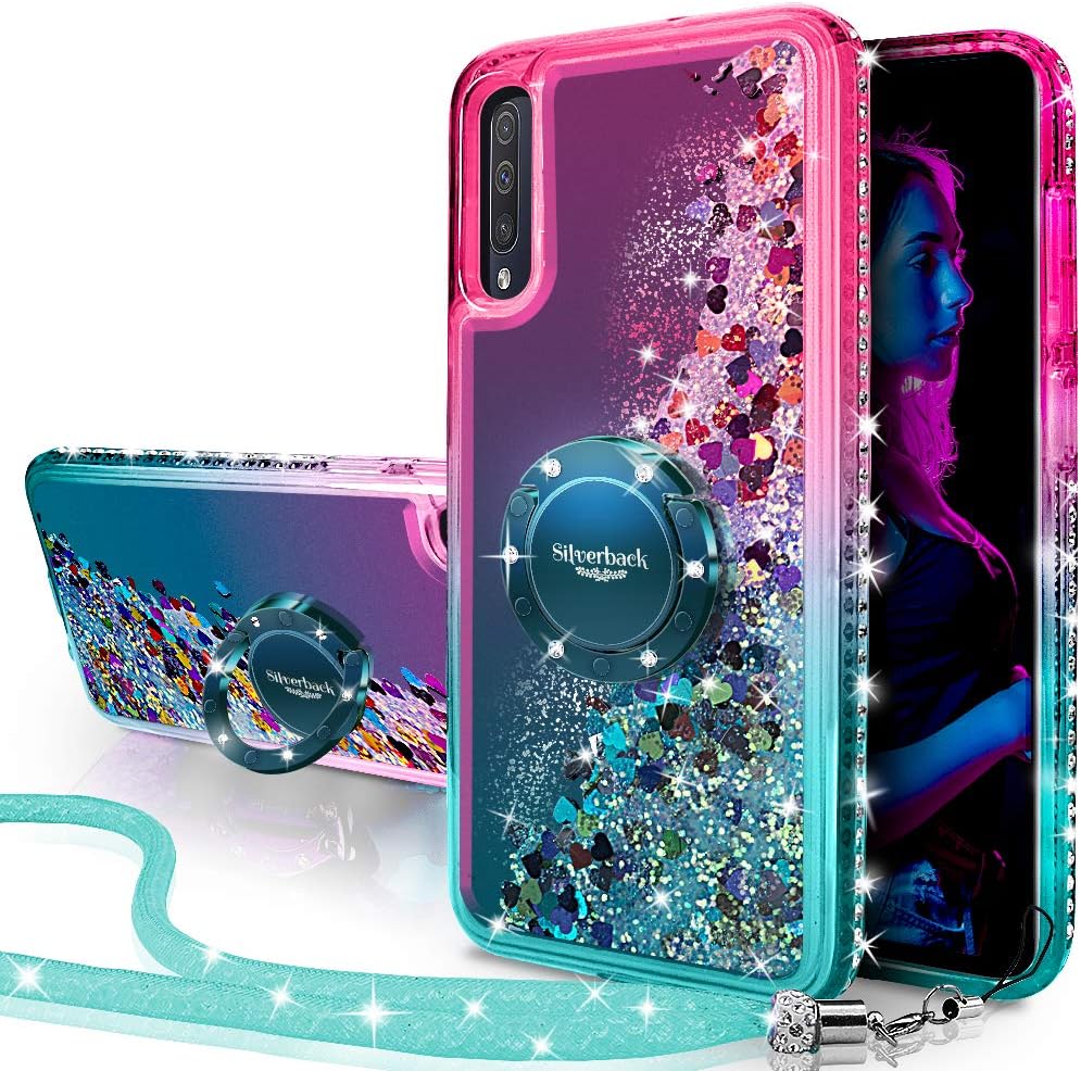 Silverback Galaxy A50 Case, Moving Liquid Holographic Sparkle Glitter Case with Kickstand, Bling Diamond Bumper W/Ring Slim Protective Samsung Galaxy A50 Case for Girls Women -Green W