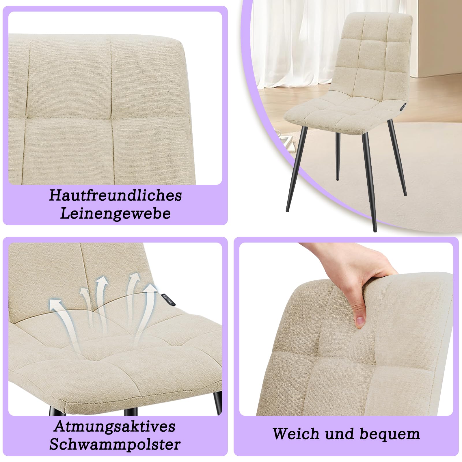 WAFTING Essgruppe Esstisch mit 6 Stühlen, 140×80×73cm HDF Esstisch mit Helle Holzmaserung, und Gepolsterte Beige Esszimmerstühle mit hoher Rückenlehne und Leinendesign, für Küche Esszimmer, Wohnzimmer