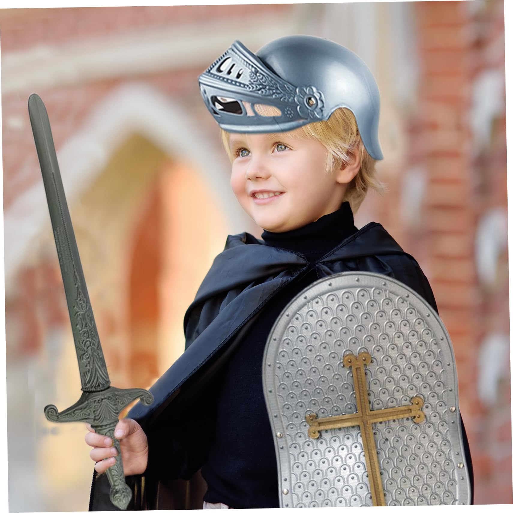 4-teiliges Ritterkostüm für Kinder mit Kreuzmuster für Rollenspiele, Cosplay, Halloween, inklusive Helm, Schild, Schwert, mittelalterliches Ritterrüstungsset