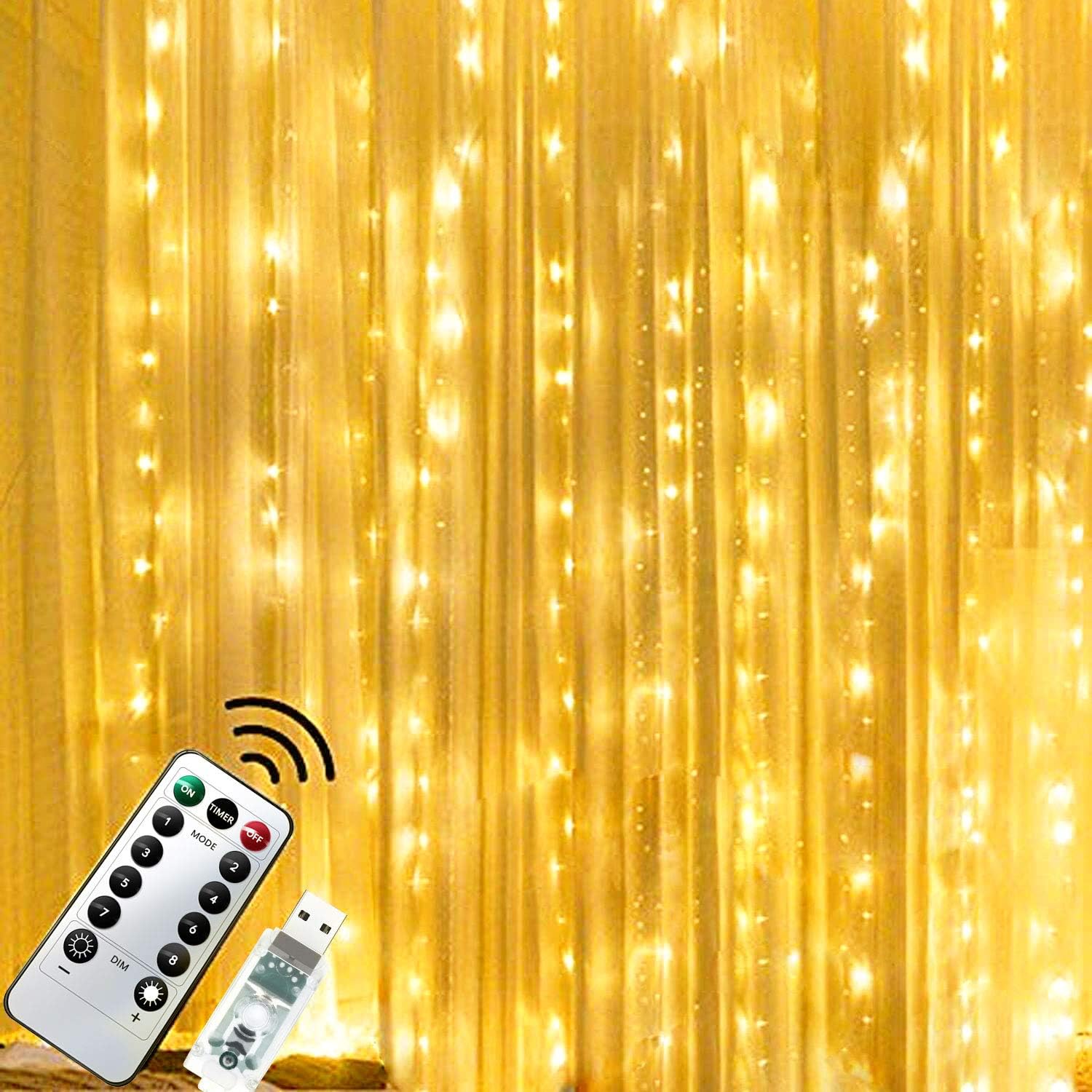 Chipark 300 LED Curtain Lights, 3mx3m USB Window Fairy String Lights with 8 Modes Remote Control Timer Waterproof Copper Light for Outdoor Indoor Wedding Party Garden Bedroom Decoration(Warm White)