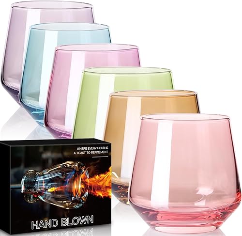 Physkoa Juego de 6 copas de vino de colores sin tallo, copas de vino multicolor de 14 onzas, copa de cóctel en forma de diamante, vasos cortos