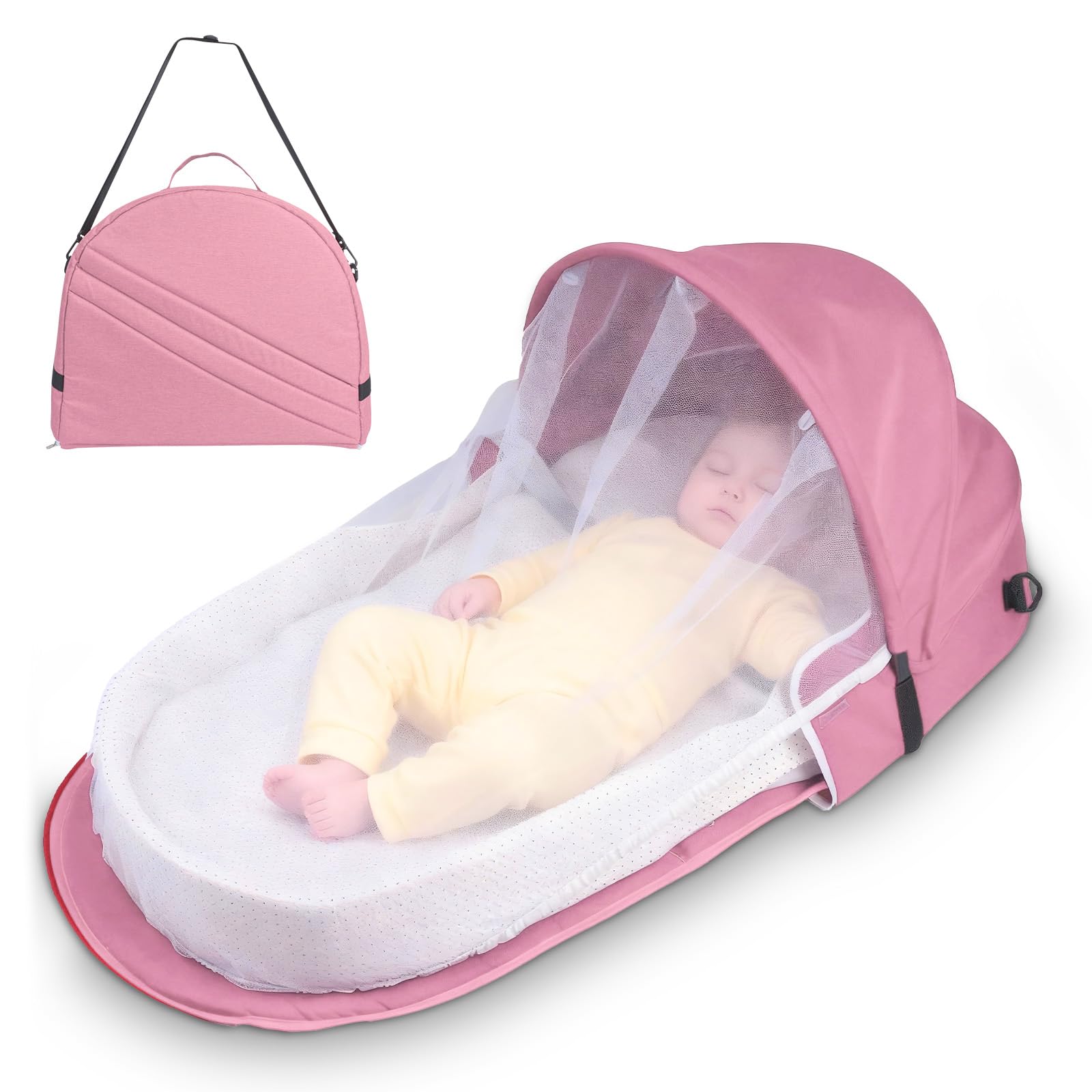 Baby Nest,Baby Bettchen Nest, atmungsaktiver Babylounger,Portable Baby Reisebett mit Moskitohaube – Inklusive Matratze & Tragetasche – Leicht & Kompakt (Rosa)
