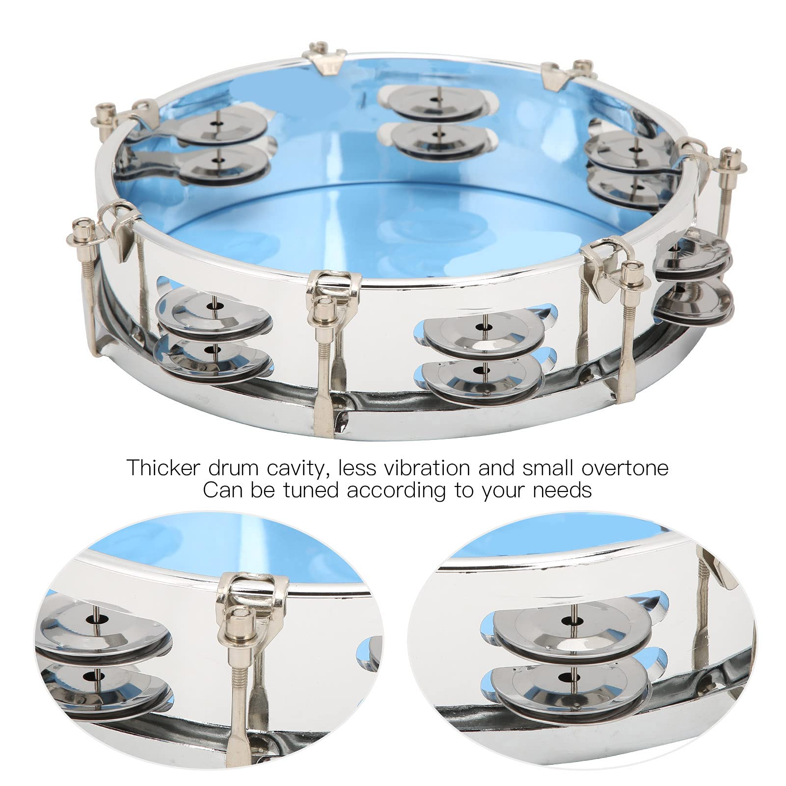 Tone Réglable Tamburin avec Jingle Bells à Double Rangée | Instrument de Percussion à Tambour Main le Poteau 8in | Idéal pour les Débutants | Abs + Construction en Métal (BLUE)