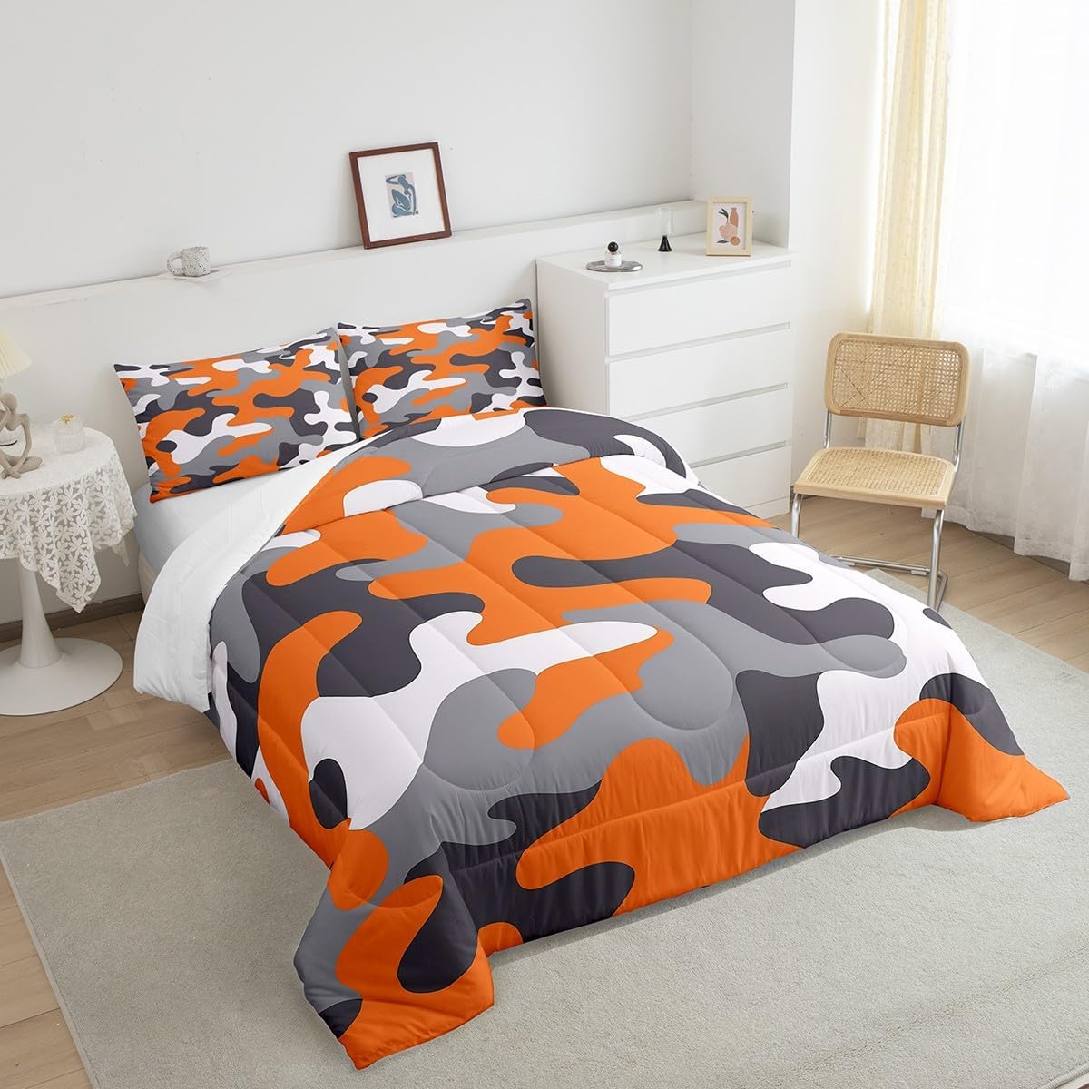 Erosebridal Kids Teens Camo Comforter Set,Boys Camouflage Bedding Sets Twin,Orange Grey White Colorful Pattern Style Quilt Set,Farmhouse Militarily Duvet Insert with 1 Pillowcase Bedroom Decor