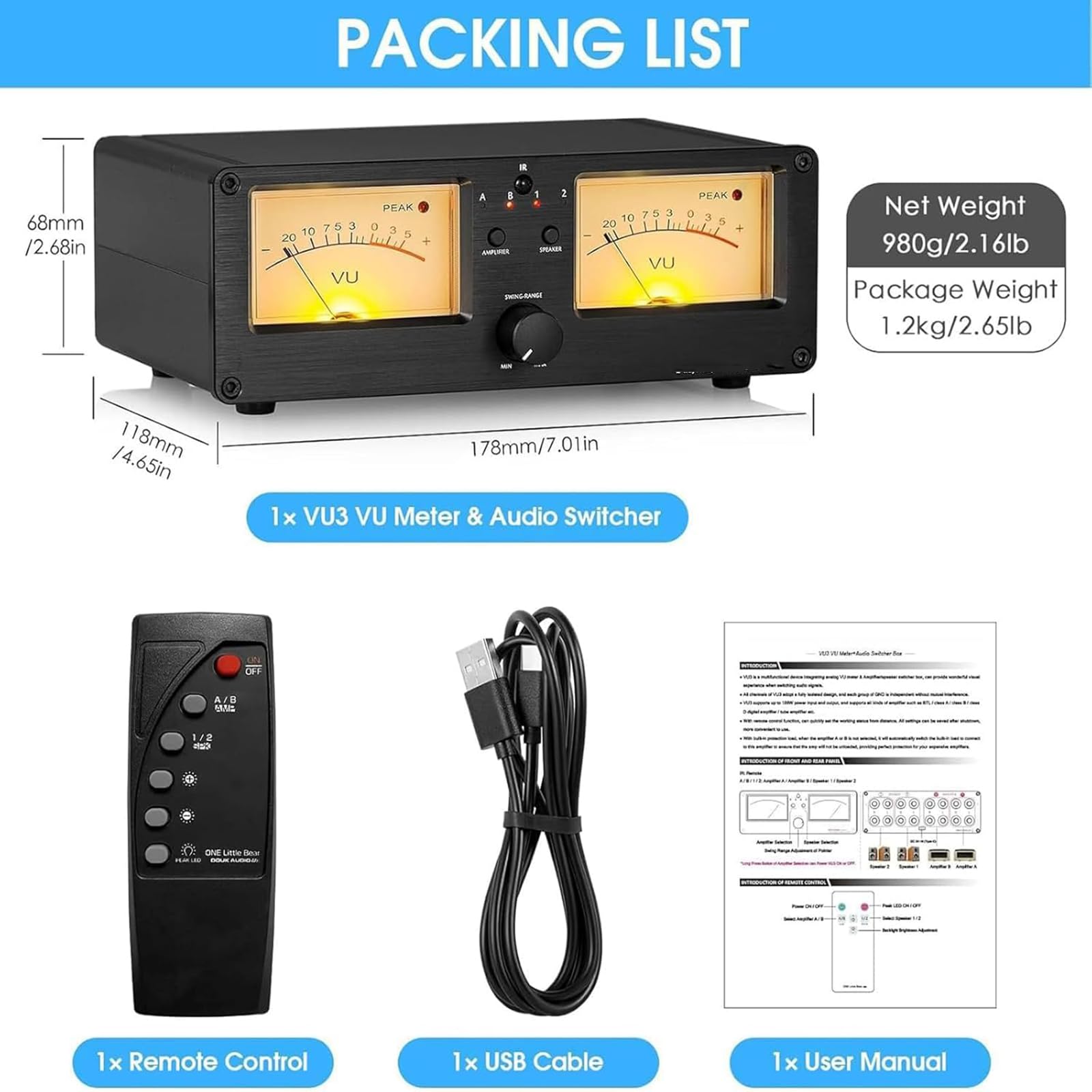 Doppio Vu Meter Analogico, Commutatore Audio Analogico A 2 Vie Con Display A Pannello E Telecomando, 2 Set Di Uscite Di Commutazione Audio, 34 Colori, 4 Livelli Di Luminosità Regolabili, Per Gli