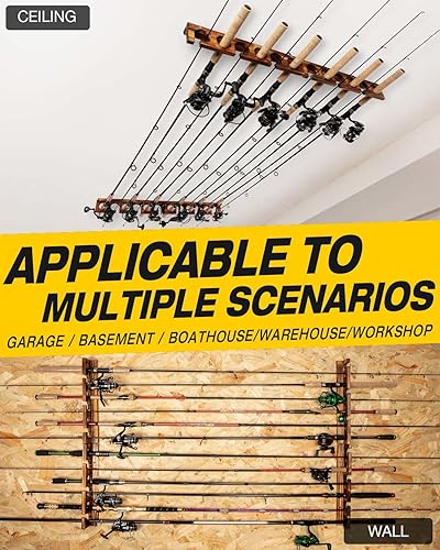 Miniatura 6 de Ghosthorn Capacidad para hasta 12 cañas de pescar, soportes montados en pared o techo para almacenamiento de garaje, organizador de equipos, regalos