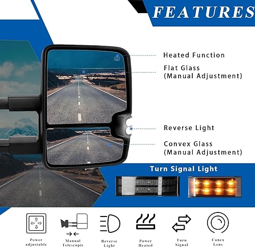 Miniatura 3 de PZ Espejos de remolque compatibles con Chevy Silverado 2007-2014 para GMC Sierra 1500 2500 HD 3500 HD negro eléctrico calentado ahumado luz
